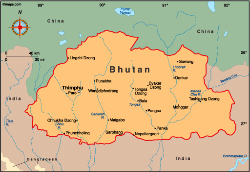 political map of bhutan. Map of Bhutan